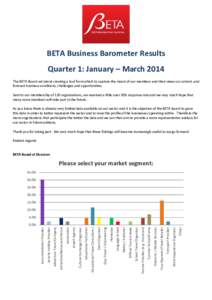 BETA Business Barometer Results Quarter 1: January – March 2014 The BETA Board set about creating a tool from which to capture the mood of our members and their views on current, and forecast business conditions, chall