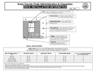 Knox County Code Administration & Inspection BRICK INSTALLATION INFORMATION REV[removed]Lintels – Install a non-combustible lintel, and size per the lintel chart (below). Must have a minimum bearing of 4” (R703.7.3) 