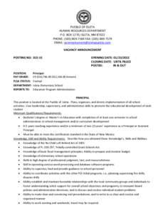 PUEBLO OF ISLETA HUMAN RESOURCES DEPARTMENT P.O. BOX 1270, ISLETA, NM[removed]PHONE: ([removed]FAX: ([removed]EMAIL: [removed] VACANCY ANNOUNCEMENT