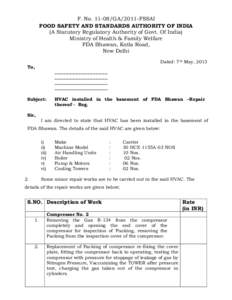 F. NoGA/2011-FSSAI FOOD SAFETY AND STANDARDS AUTHORITY OF INDIA (A Statutory Regulatory Authority of Govt. Of India) Ministry of Health & Family Welfare FDA Bhawan, Kotla Road, New Delhi