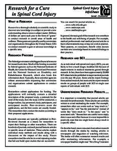 Research for a Cure in Spinal Cord Injury WHAT IS RESEARCH Research is a thorough scholarly or scientific study to discover new knowledge in a subject or provide a new understanding about a known subject matter. Billions