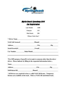 Myrtle Beach Speedway 2014 Car Registration Late Models $100