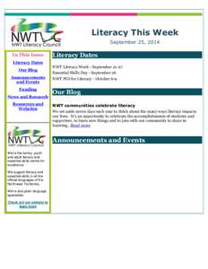 Literacy This Week September 25, 2014 In This Issue Literacy Dates Our Blog Announcements