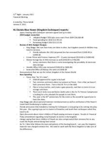 12th Night - January 2011 Financial Meeting A noted by: Thora Golvik January 9, 2011  HL Elonda Blue Haven (Kingdom Exchequer) reports: