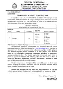 OFFICE OF THE REGISTRAR  S A T A V A H A N A U N IV E R S IT Y KARIMNAGAR – [removed]A.P.), INDIA Ph: [removed], [removed], Fax: [removed]Email: [removed], website: www.satavahana.ac.in