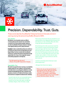 Precision. Dependability. Trust. Guts. These words describe AccuWeather Enterprise Solution’s forecasts and storm warnings during the extraordinary Buffalo Blizzard of[removed]Guts. Precision.  The accuracy of the foreca