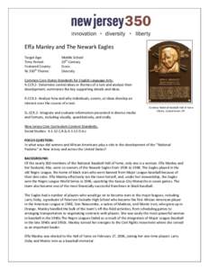 Effa Manley and The Newark Eagles Target Age: Time Period: Featured County: NJ 350th Theme: