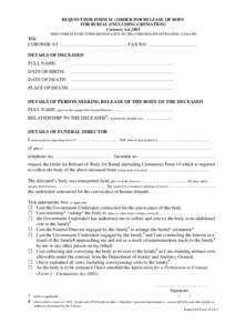 REQUEST FOR FORM 14 ORDER FOR RELEASE OF BODY FOR BURIAL (INCLUDING CREMATION)