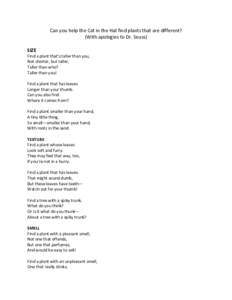 Can you help the Cat in the Hat find plants that are different? (With apologies to Dr. Seuss) SIZE Find a plant that’s taller than you, Not shorter, but taller, Taller than who?