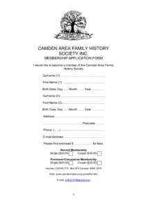 CAMDEN AREA FAMILY HISTORY SOCIETY INC. MEMBERSHIP APPLICATION FORM I would like to become a member of the Camden Area Family History Society Surname (1): ++++++++++++++..