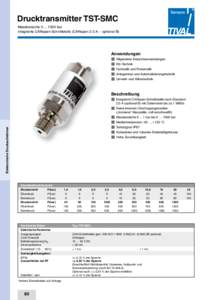 Drucktransmitter TST-SMC Messbereichebar Integrierte CANopen-Schnittstelle (CANopen 2.0 A – optional B) Anwendungen n	 Allgemeine Industrieanwendungen