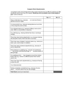 Caregiver Strain Questionnaire I am going to read a list of things which other people have found to be difficult in helping out after somebody comes home from the hospital Would you tell me whether any of these apply to 