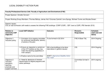 LOCAL DISABILITY ACTION PLAN Faculty/Professional Service Unit: Faculty of Agriculture and Environment (FAE) Project Sponsor: Annette Vervoort Project Working Group Members: Thomas Bishop, James Hull, Fortunee Cantrell, 