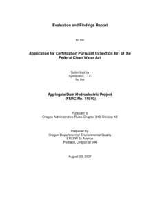 Applegate Dam Hydroelectric Project Evaluation and Findings Report