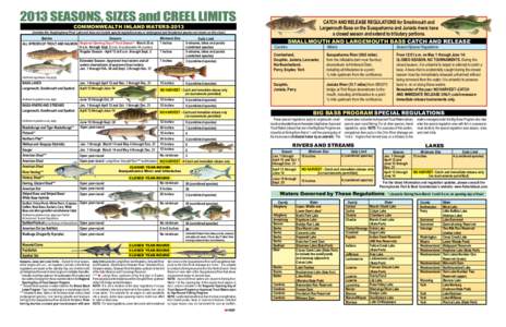2013 SEASONS, SIZES and CREEL LIMITS  CATCH AND RELEASE REGULATIONS for Smallmouth and Largemouth Bass on the Susquehanna and Juniata rivers have a closed season and extend to tributary portions. SMALLMOUTH AND LARGEMOUT