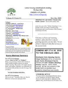 Lewis County Genealogical Society PO Box 782 Chehalis WAhttp://www.walcgs.org  Volume #19 Issue #4