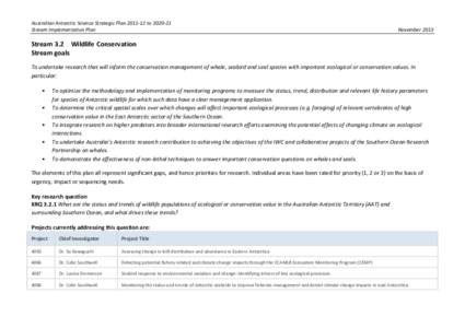 Australian Antarctic Science Strategic Plan[removed]to[removed]Stream Implementation Plan November[removed]Stream 3.2 Wildlife Conservation