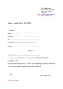All’ Ufficio Tributi del Comune di Varzi (PV) Piazza Umberto I n.1 Varzi (PV) mail – [removed] Pec- [removed]
