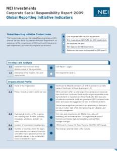 NEI Investments Corporate Social Responsibility Report 2009 Global Reporting Initiative Indicators  Global Reporting Initiative Content Index