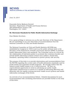 Letter to the Secretary - Electronic Standards for Public Health Information Exchange