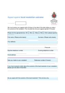 Appeal against local resolution outcome Internal Use Only      