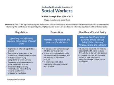 NLASW Strategic Plan 2014 – 2017 Vision : Excellence in Social Work Mission: NLASW as the regulatory body and professional association for social workers in Newfoundland and Labrador is committed to improving the well-