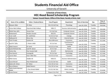 Students Financial Aid Office University of Karachi Schedule of Interviews HEC-Need Based Scholarship Program Venue: Council Room, Office of the Dean, Faculty of Arts, UoK