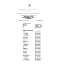 State of Rhode Island and Providence Plantations DEPARTMENT OF HEALTH APPENDIX TO ANALYTICAL LABORATORY CERTIFICATE No.LAI00004 New England Testing Laboratory, Inc[removed]Douglas Avenue