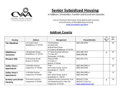Senior Subsidized Housing in Addison, Chittenden, Franklin and Grand Isle Counties You can find more information and properties with vacancies at the Directory of Affordable Rental Housing www.housingdata.org/doarh