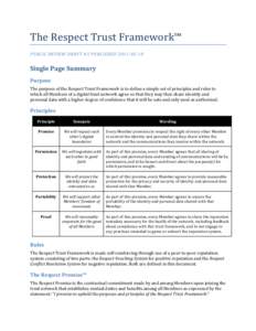 The	
  Respect	
  Trust	
  Framework™	
   PUBLIC	
  REVIEW	
  DRAFT	
  #1	
  PUBLISHED	
  2011-­05-­10	
   Single	
  Page	
  Summary	
   Purpose	
   The	
  purpose	
  of	
  the	
  Respect	
  Trust	