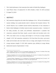 1  Title: Lateral performance of nail connections from century old timber floor diaphragms 2