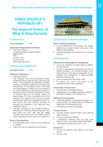 Summary of Section II: Periodic Report on the State of Conservation of the Imperial Palaces of the Ming and Qing Dynasties in Beijing and Shenyang, China, 2003