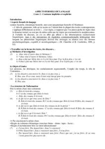 ASPECTS FORMELS DU LANGAGE Cours 1 : Contenus implicites et explicites Introduction • Aspects formels du langage syntaxe formelle, sémantique formelle, mais aussi pragmatique formelle (Cf Kadmon). « L’idée de gram