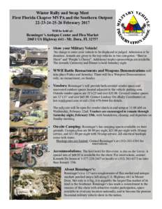 Winter Rally and Swap Meet First Florida Chapter MVPA and the Southern OutpostFebruary 2017 Will be held at:  Renninger’s Antique Center and Flea Market