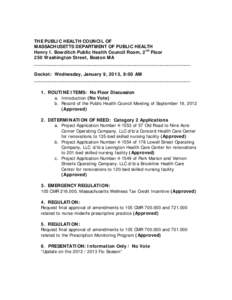 THE PUBLIC HEALTH COUNCIL OF MASSACHUSETTS DEPARTMENT OF PUBLIC HEALTH Henry I. Bowditch Public Health Council Room, 2nd Floor 250 Washington Street, Boston MA ______________________________________________________ Docke