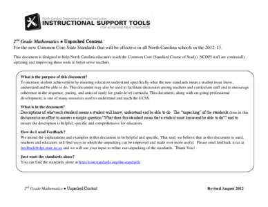 2nd Grade Mathematics ● Unpacked Content For the new Common Core State Standards that will be effective in all North Carolina schools in the[removed]This document is designed to help North Carolina educators teach the