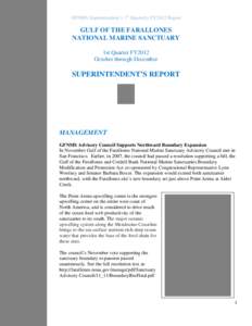 GFNMS Superintendent’s 1st Quarterly FY2012 Report  GULF OF THE FARALLONES NATIONAL MARINE SANCTUARY 1st Quarter FY2012 October through December