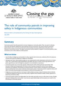 The role of community patrols in improving safety in Indigenous communities (resource sheet; 20 December 2013 edition)(AIHW)