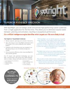 SUPERIOR AUDIENCE PRECISION With SpotRight, you can design, build and activate high-performing custom audiences from a single application for the first time. This allows you to eliminate massive waste between planning an