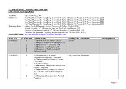 SALEM - Immanuel Lutheran College[removed]S.7 Chemistry Teaching Schedule Teachers: Textbooks:  Mr Aman Wong C. M.