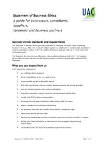Statement of Business Ethics  a guide for contractors, consultants, suppliers, tenderers and business partners Business ethical standards and requirements