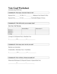 Vote Goal Worksheet Calculated using NCEC Data Calculation #1: How many votes does it take to win? Expected Vote ________ X (.50) + 1 = ____________ Minimum Votes Needed To Win Expected Vote________ X (.52) = ___________