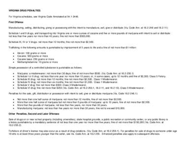 VIRGINIA DRUG PENALTIES For Virginia schedules, see Virginia Code Annotated atFirst Offense Manufacturing, selling, distributing, giving or possessing with the intent to manufacture, sell, give or distribute 