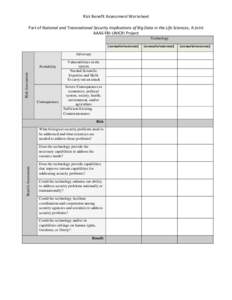 Risk Benefit Assessment Worksheet Part of National and Transnational Security Implications of Big Data in the Life Sciences, A Joint AAAS-FBI-UNICRI Project Technology [scenario/outcome] Adversary