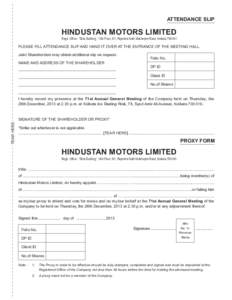 ATTENDANCE SLIP  HINDUSTAN MOTORS LIMITED Regd. Office : Birla Building, 14th Floor, 9/1, Rajendra Nath Mukherjee Road, Kolkata[removed]