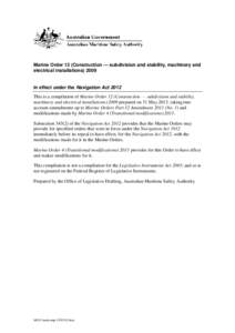 Marine Order 12 (Construction — subdivision and stability, machinery and electrical installations[removed]in effect under the Navigation Act 2012 This is a compilation of Marine Order 12 (Construction — subdivision and