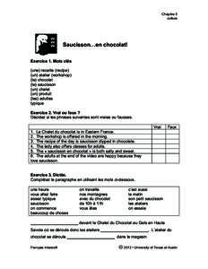 Chapitre 5 culture Saucisson…en chocolat! Exercice 1. Mots clés (une) recette (recipe)