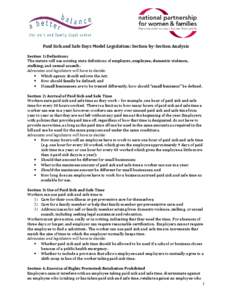 Paid Sick and Safe Days Model Legislation: Section-by-Section Analysis Section 1: Definitions The statute will use existing state definitions of employer, employee, domestic violence, stalking, and sexual assault. Advoca