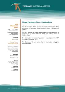 Share Purchase Plan – Closing Date ASX Shareholder Report 14 December 2011