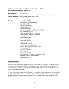 Smithsonian National Museum of African American History and Culture Section 106 Consulting Parties Meeting #16 Date of Meeting: Project: Location of Meeting: Time of Meeting: